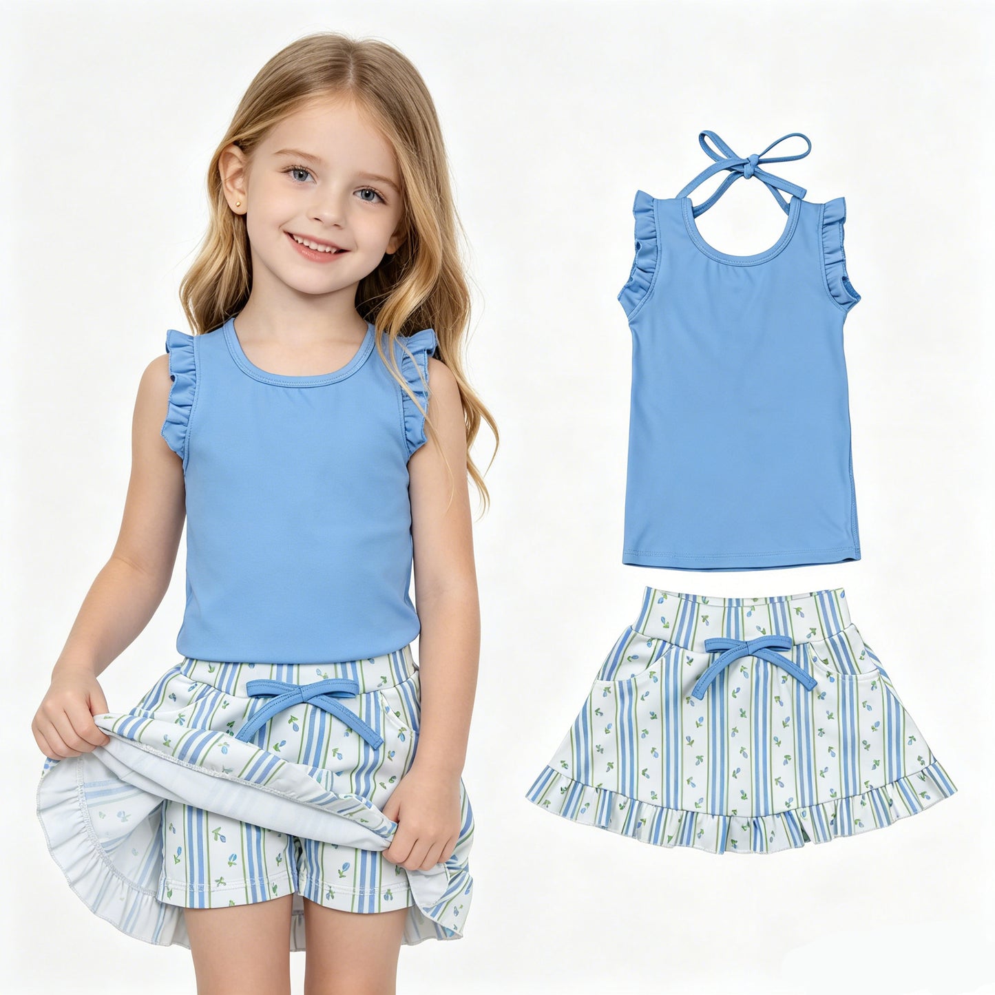 GSD3906 Blue Sleeveless Top Flowers Stripe Skort Girls Yoga Active Clothes Set