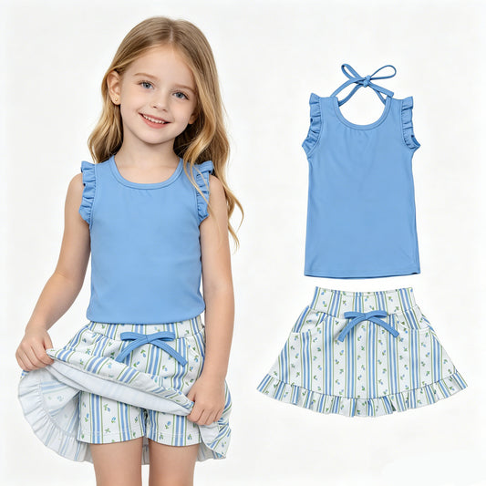 GSD3906 Blue Sleeveless Top Flowers Stripe Skort Girls Yoga Active Clothes Set
