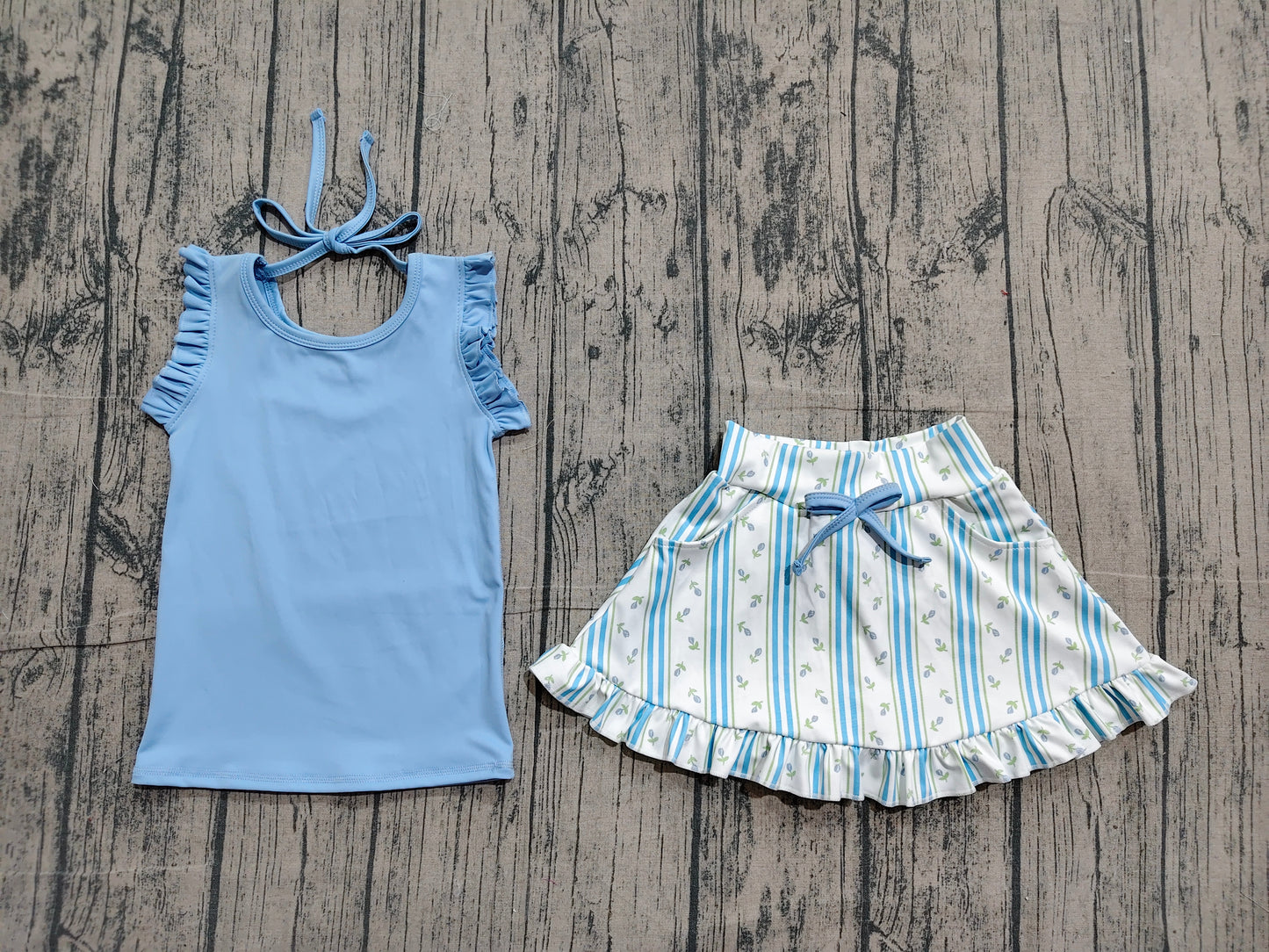 Baby Girls Scallop Sleeveless Top Flowers Stripe Skirt Shorts Yoga Active Clothes Set Preorder
