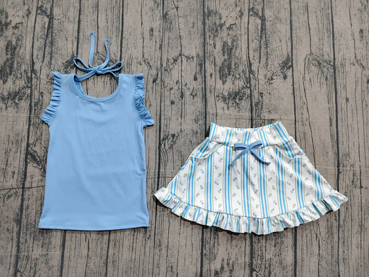 Baby Girls Scallop Sleeveless Top Flowers Stripe Skirt Shorts Yoga Active Clothes Set Preorder