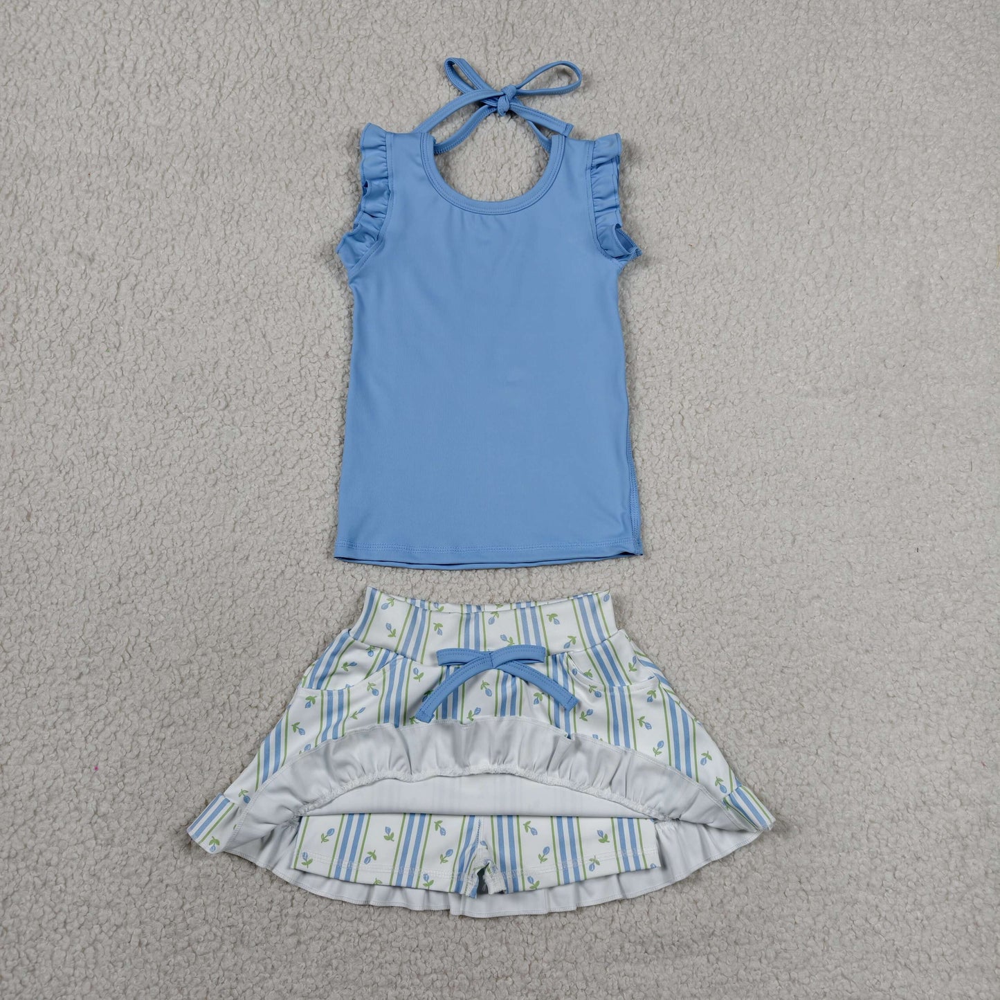 GSD3906 Blue Sleeveless Top Flowers Stripe Skort Girls Yoga Active Clothes Set