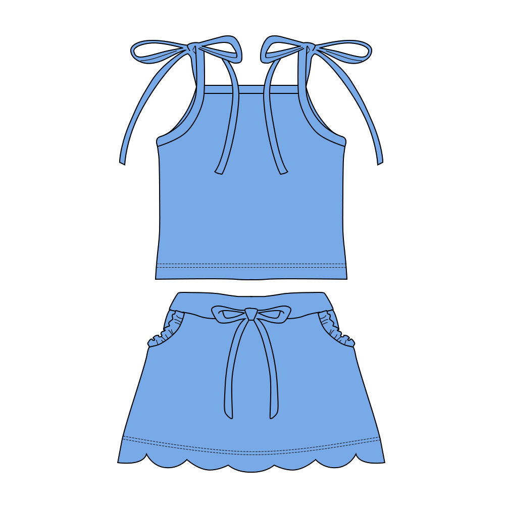 3.11 GSD3908 Preorder Blue Strap Top Scallop Pockets Skirt Girls Summer Clothes Set