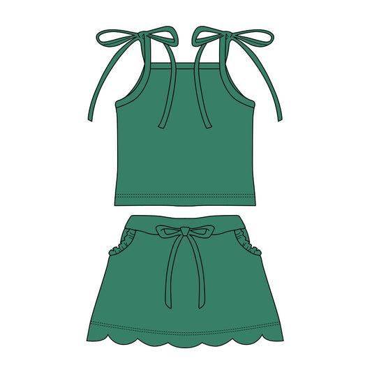 3.11 GSD3909 Preorder Green Strap Top Scallop Pockets Skirt Girls Summer Clothes Set