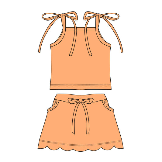 3.11 GSD3911 Preorder Orange Strap Top Scallop Pockets Skirt Girls Summer Clothes Set