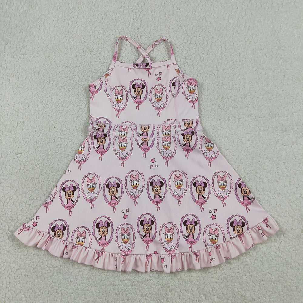 GSD3915  Cartoon Mouse Pink Print Girls Summer Strap Shorts Ruffle Knee Length Yoga Dress