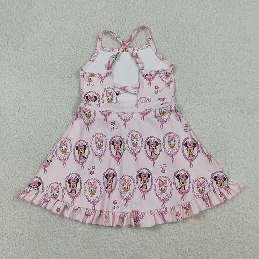 GSD3915  Cartoon Mouse Pink Print Girls Summer Strap Shorts Ruffle Knee Length Yoga Dress