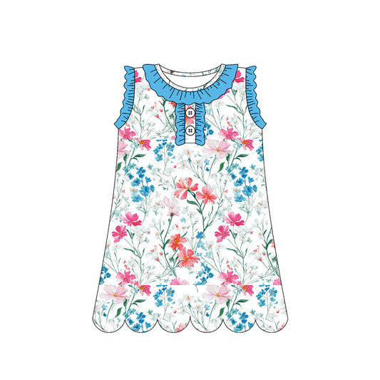 3.12 GSD3919 Preorder Blue Small Flowers Print Sleeveless Girls Summer Scallop Knee Length Dress