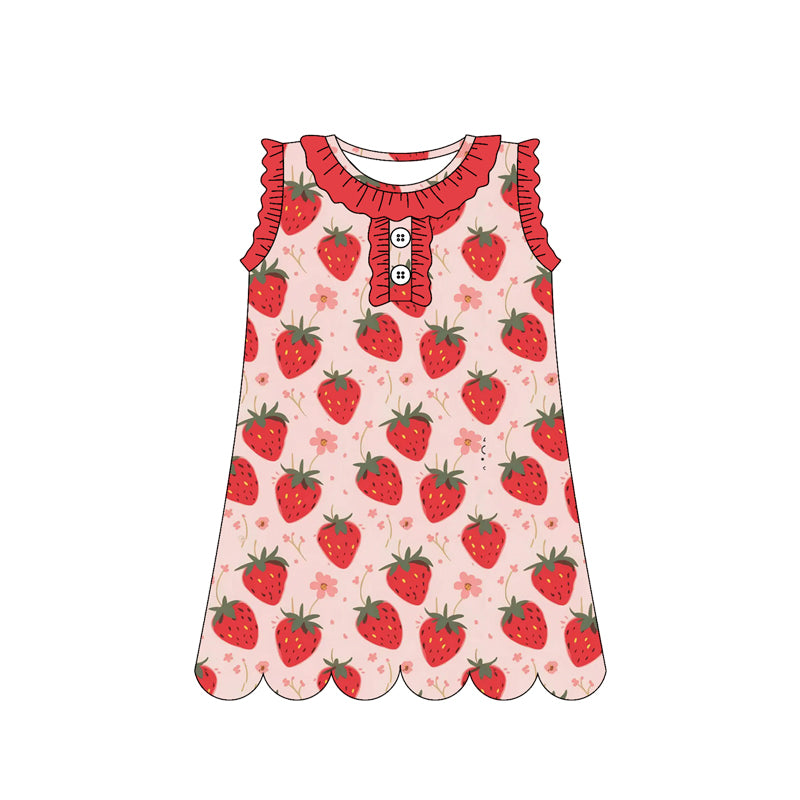 3.12 GSD3921 Preorder Strawberry Flowers Print Sleeveless Girls Summer Scallop Knee Length Dress