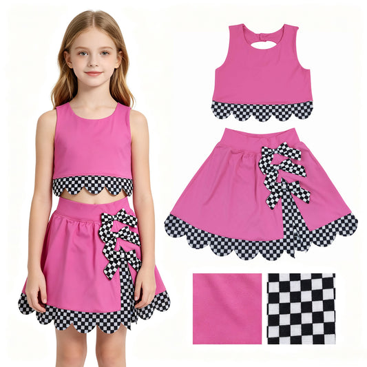 GSD3926 Hot Pink Black Checkerd Scallop Edge Bows Girls Summer Yoga Clothes Set