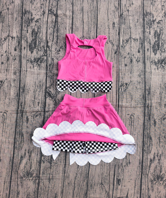 Preorder Hot Pink Black Plaid Print Girls Summer Yoga Clothes Set