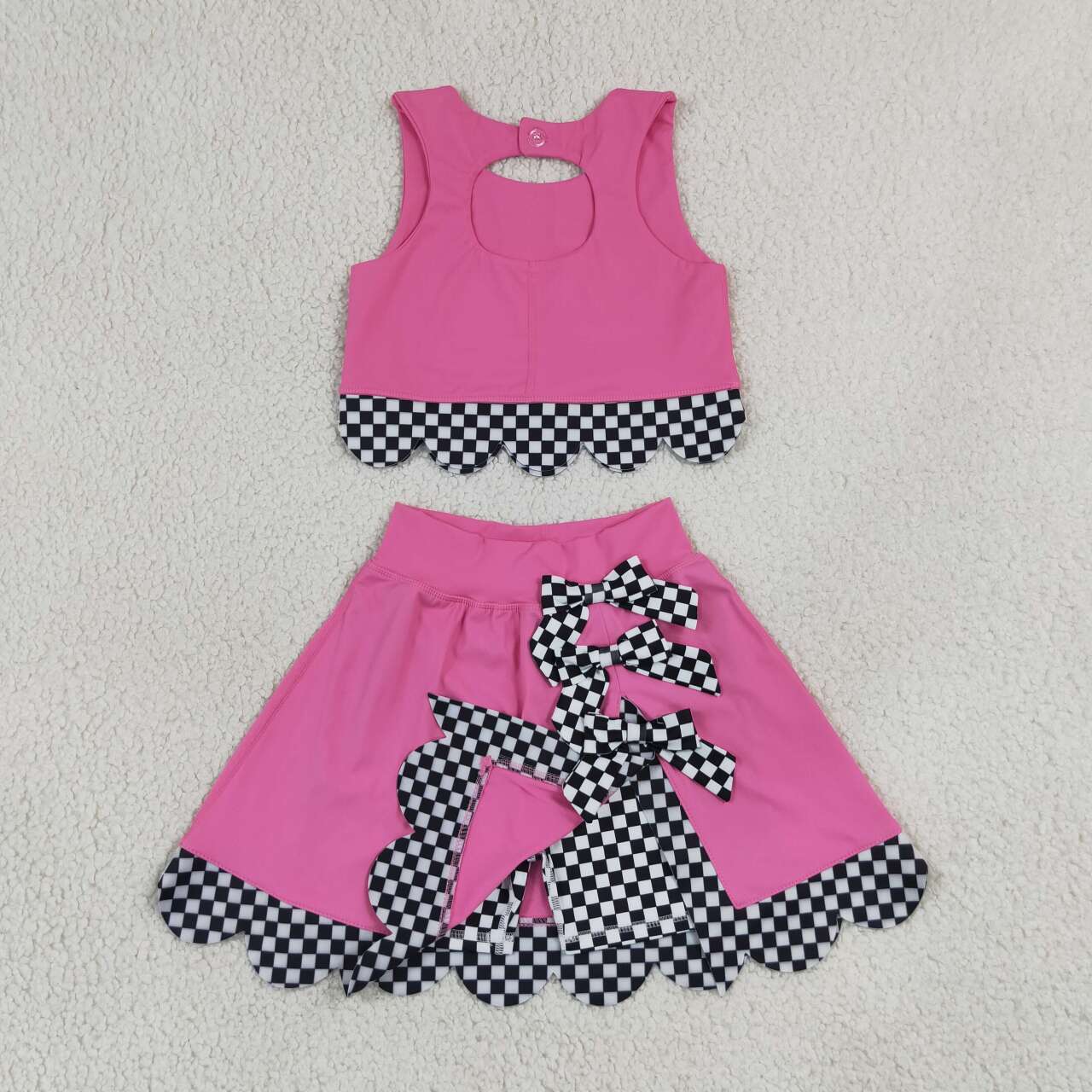 GSD3926 Hot Pink Black Checkerd Scallop Edge Bows Girls Summer Yoga Clothes Set
