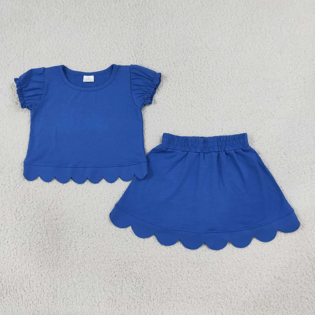 Sibling Baby Girls Solid Color Cotton Short Sleeve Top With Scalloped Skort Outfit