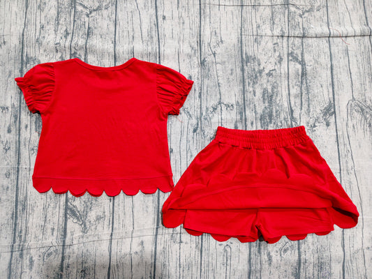 3.16 GSD3938 Preorder Red Cotton Skirts Girls Summer Scallop Clothes Set