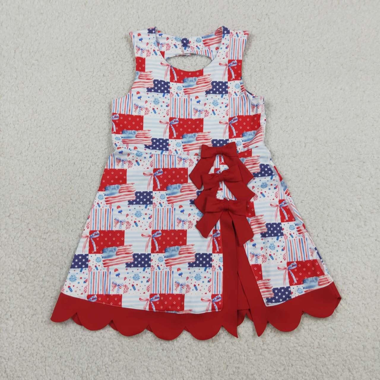 GSD3945 Flag Bows Plaid Girls 4th of July Scallop Yoga Active Dress