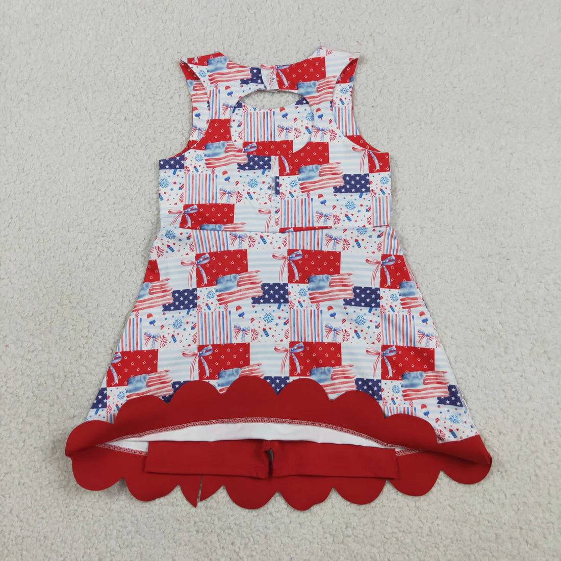 Sibling Baby Girls Bows Flags 4th of July Yoga Active Scallop Short Knee Length Dresses