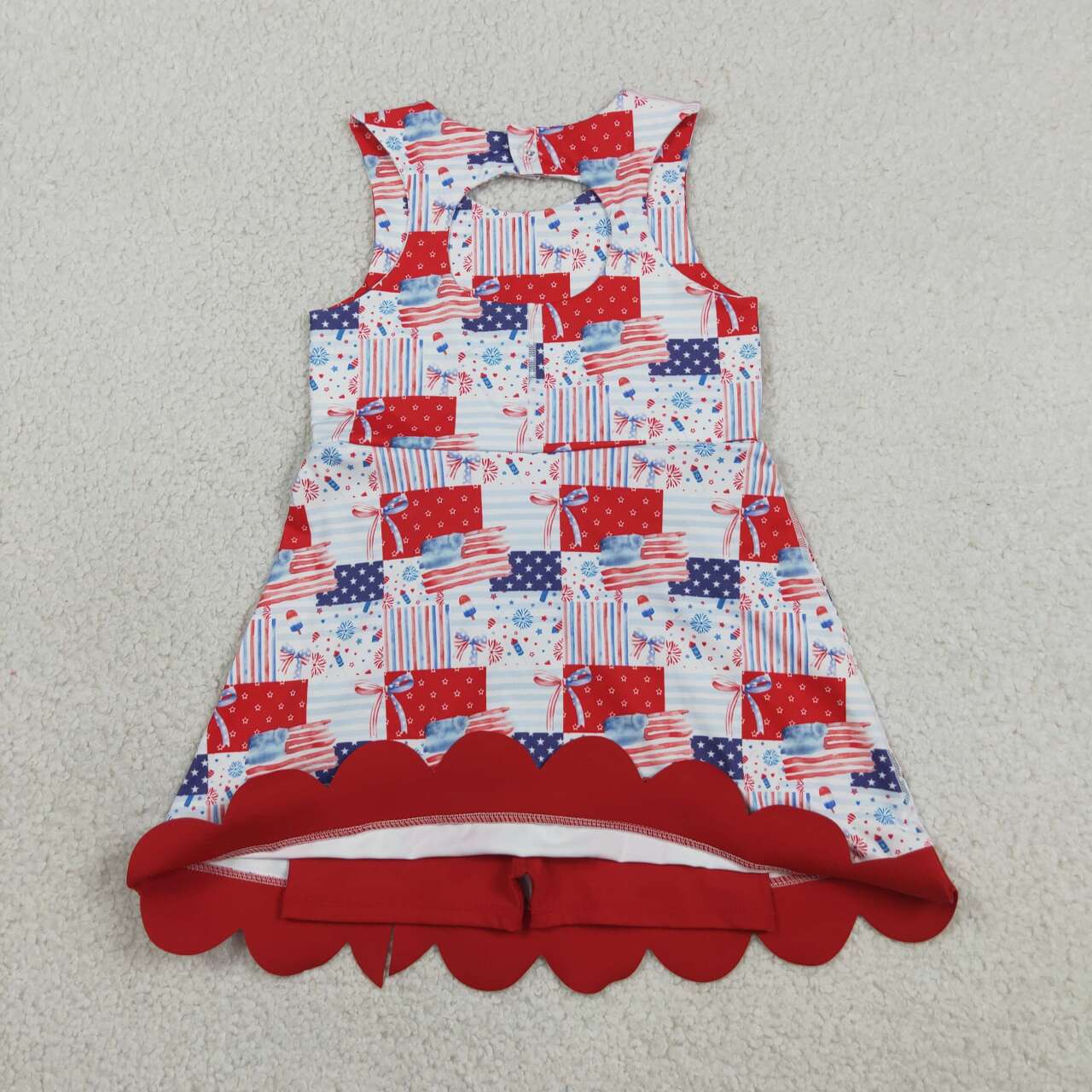 GSD3945 Flag Bows Plaid Girls 4th of July Scallop Yoga Active Dress
