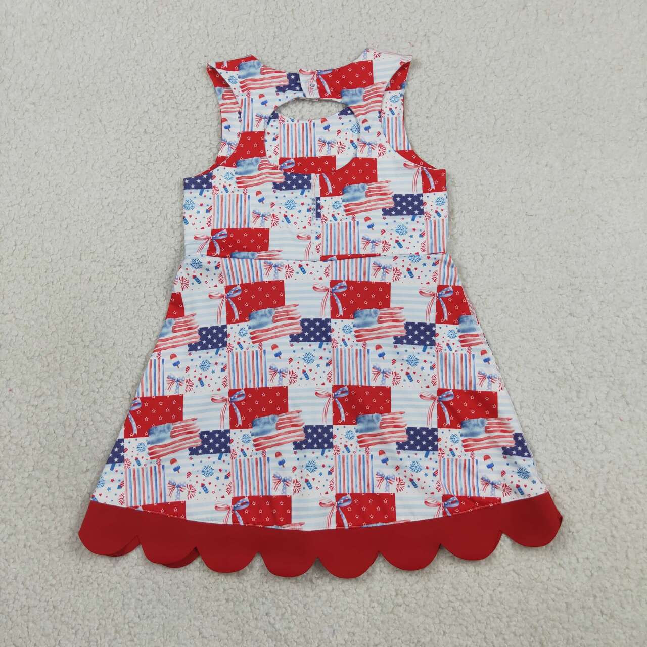 GSD3945 Flag Bows Plaid Girls 4th of July Scallop Yoga Active Dress