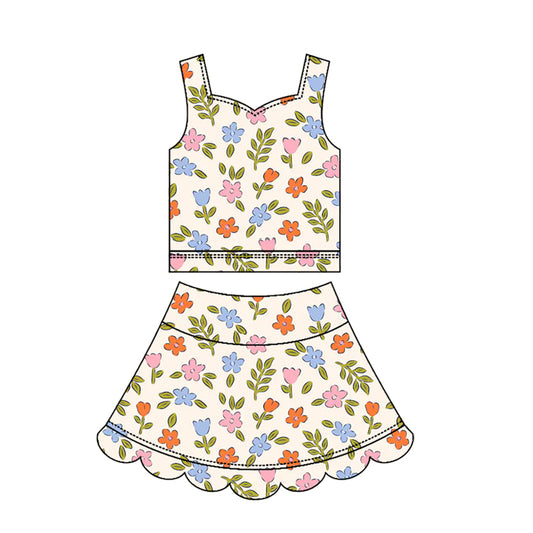3.17 GSD3947 Preorder Colorful Flowers Girls Summer Scallop Yoga Clothes Set