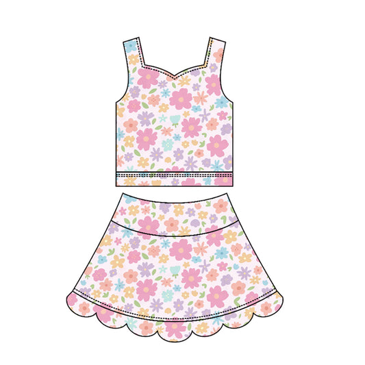 3.17 GSD3950 Preorder Colorful Flowers Girls Summer Scallop Yoga Clothes Set