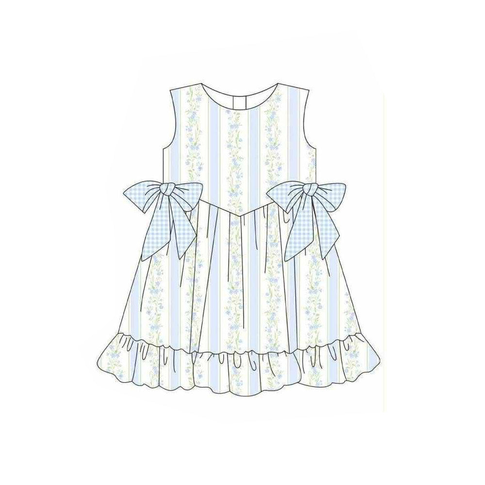 3.18 GSD3955 Preorder Blue Small Flowers Print Ruffle Girls Summer Knee Length Dress