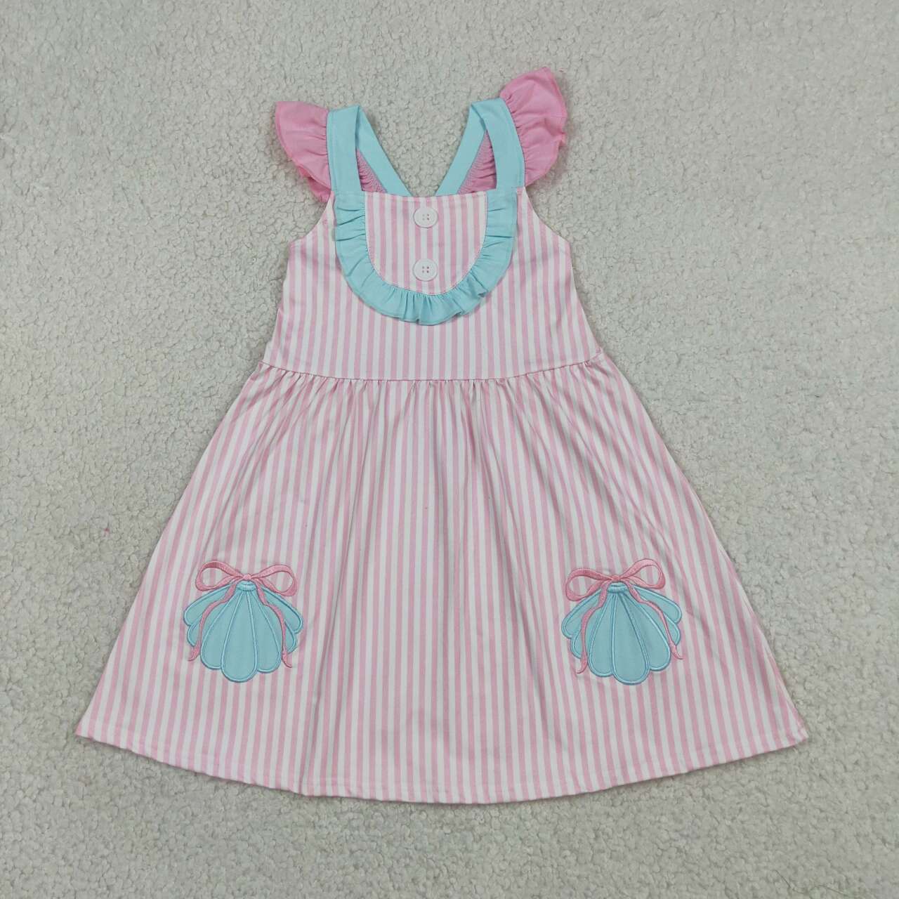 GSD3958 Shell Embroidery Pink Stripes Print Girls Summer Knee Length Strap Dress