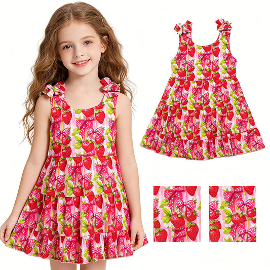 GSD3964 Strawberry Bows Print Girls Summer Knee Length Strap Dress