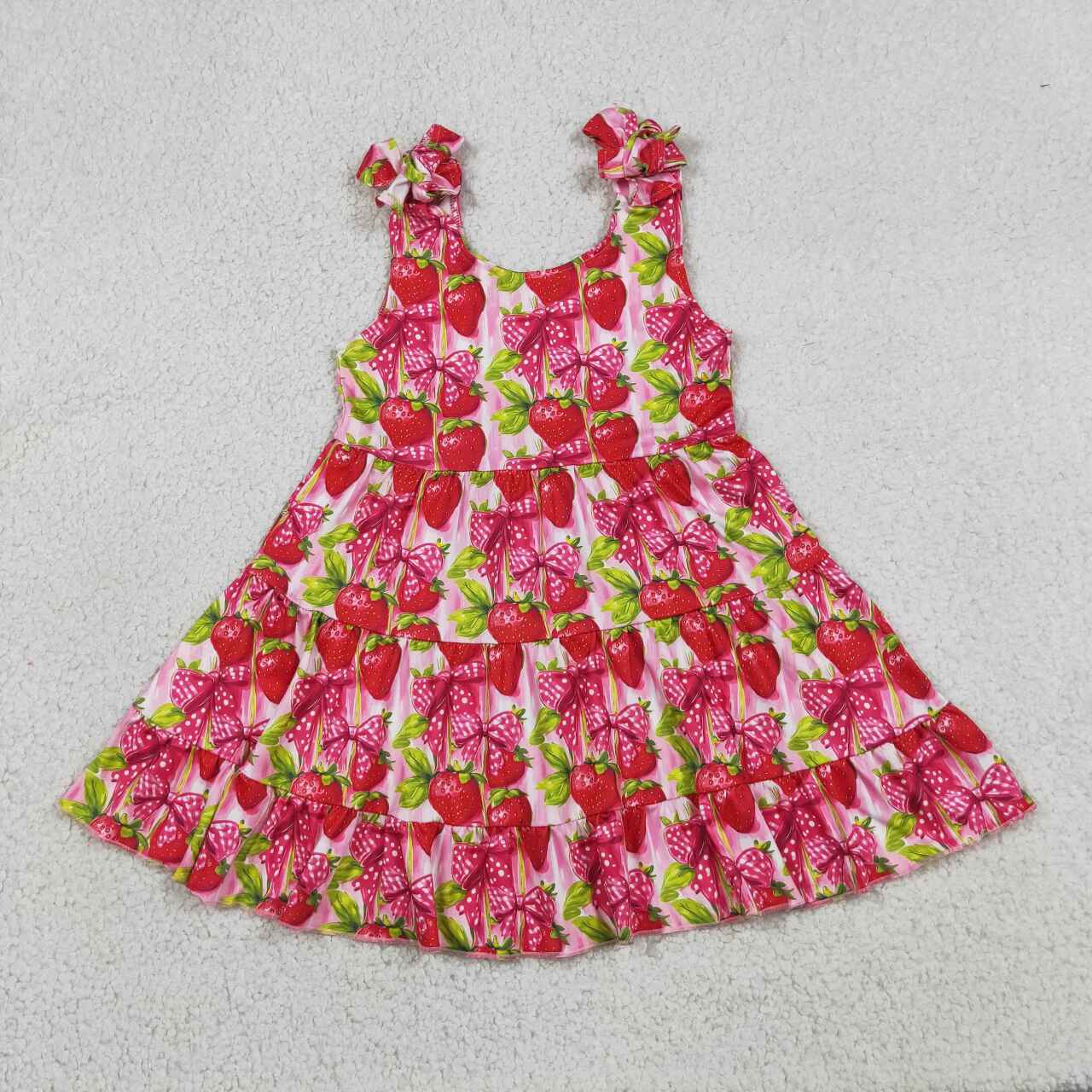 GSD3964 Strawberry Bows Print Girls Summer Knee Length Strap Dress