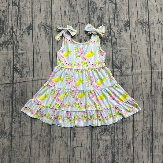 3.20 GSD3965 Preorder Watermelon Lemon Stripes Print Girls Summer Knee Length Strap Dress