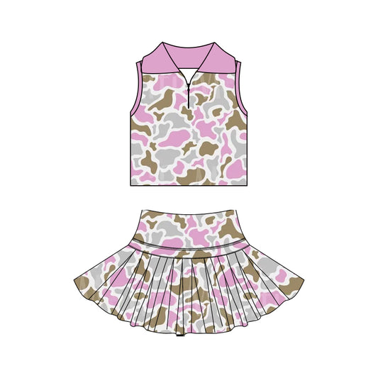 3.21 GSD3967 Preorder Pink Camo Zipper Sleeveless Top Skirts Girls Summer Yoga Clothes Set