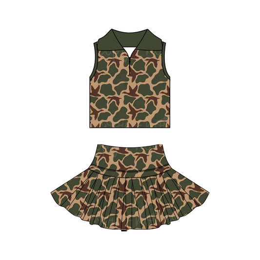 3.21 GSD3968 Preorder Duck Green Camo Zipper Sleeveless Top Skirts Girls Summer Yoga Clothes Set