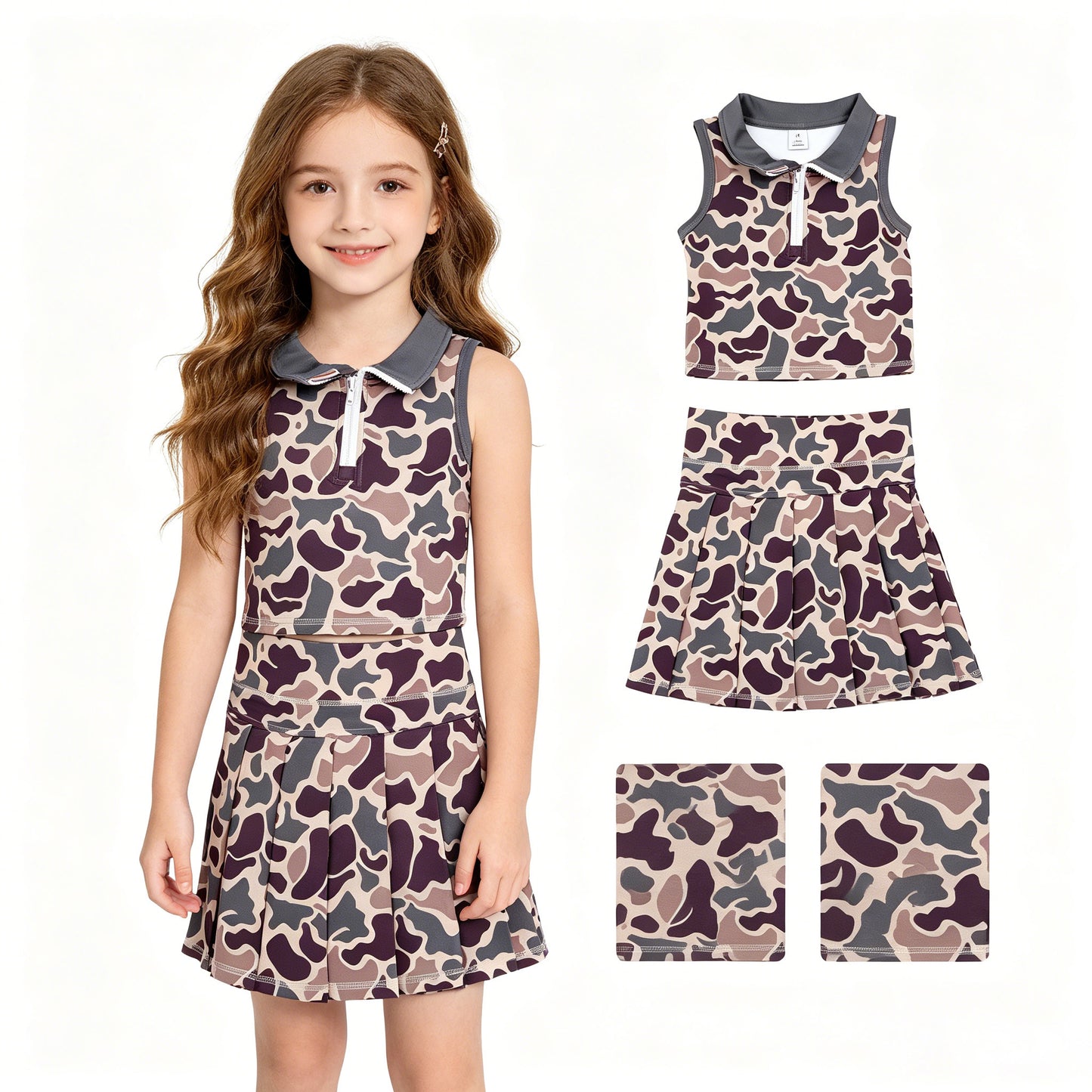 GSD3969 Dark Brown Camo Zipper Sleeveless Top Skort Girls Summer Yoga Clothes Set