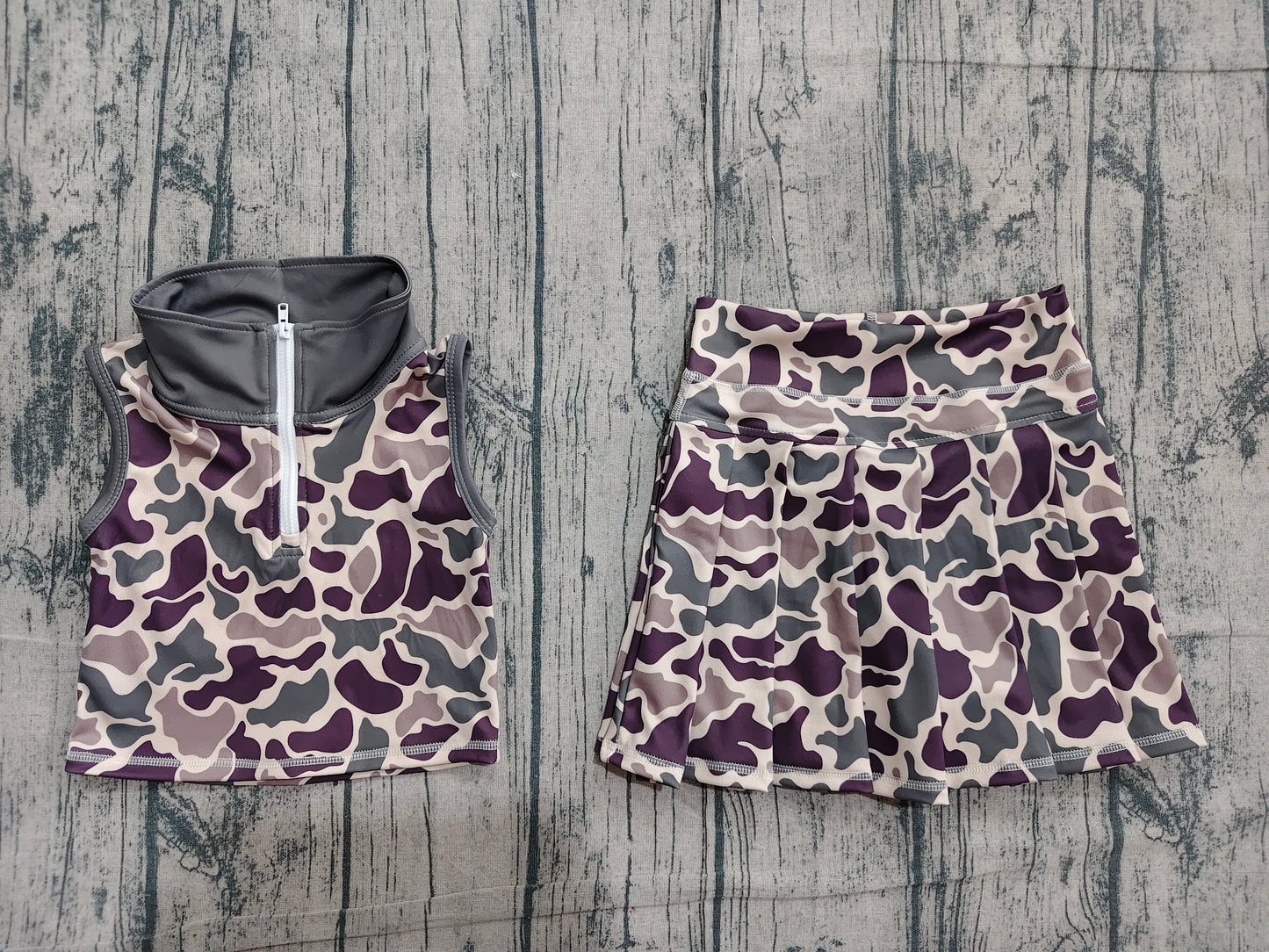 Preorder Dark Brown Camo Zipper Sleeveless Top Skirts Girls Summer Yoga Clothes Set