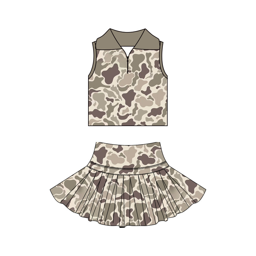 3.21 GSD3970 Preorder Khaki Brown Camo Zipper Sleeveless Top Skirts Girls Summer Yoga Clothes Set