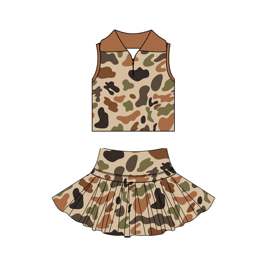 3.21 GSD3971 Preorder Brown Camo Zipper Sleeveless Top Skirts Girls Summer Yoga Clothes Set