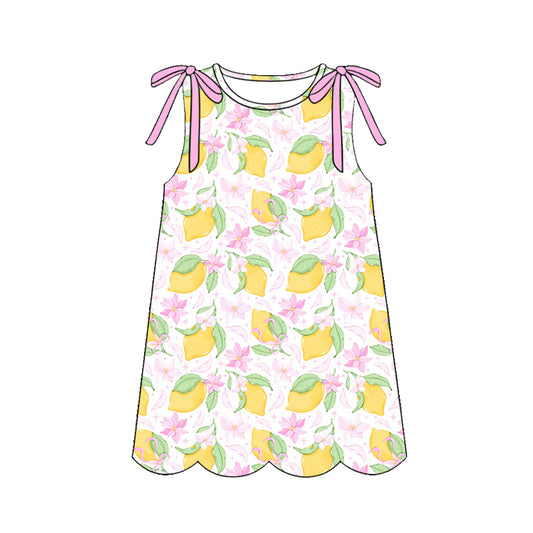 3.21 GSD3973 Preorder Lemon Bows Print Girls Summer Sleeveless Scallop Knee Length Dress