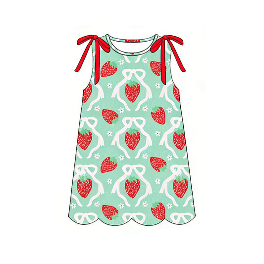 3.21 GSD3975 Preorder Strawberry Bows Print Girls Summer Sleeveless Scallop Knee Length Dress