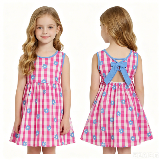 GSD4007 Pink Gingham Floral Backless Bow Baby Summer Sleeveless Dress