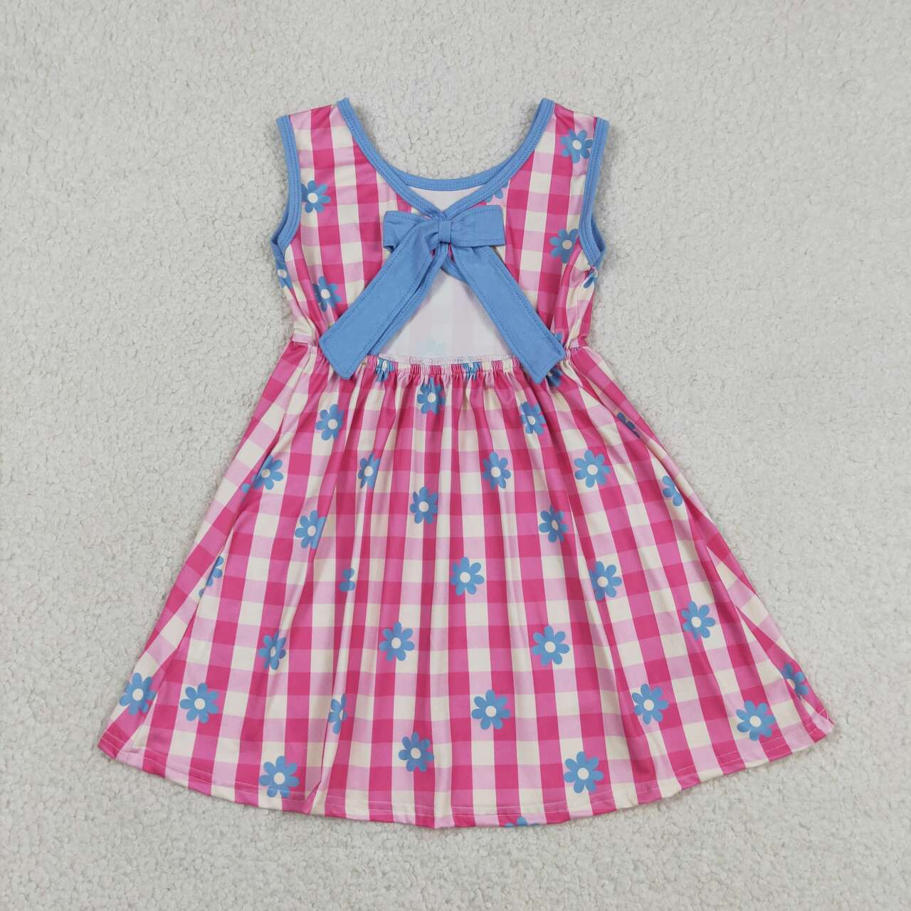 GSD4007 Pink Gingham Floral Backless Bow Baby Summer Sleeveless Dress