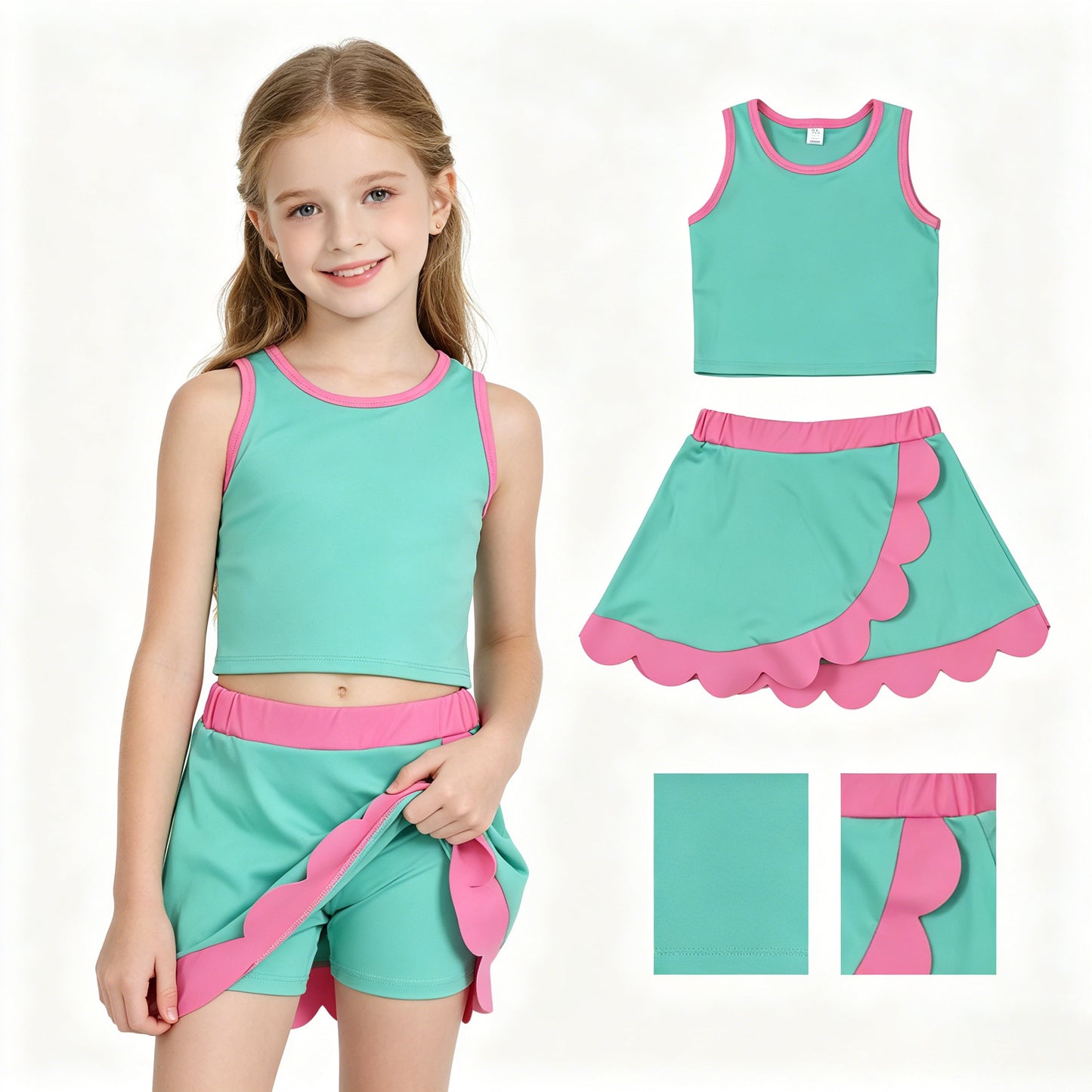 GSD4012 Mint & Pink Tank Top Scallop Edge Skort Girls Active Outfits