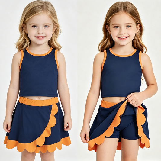 GSD4017 Navy Orange Scallop Edge 2-Piece Yoga Set | Tank Top & Skort Girls Active Outfits