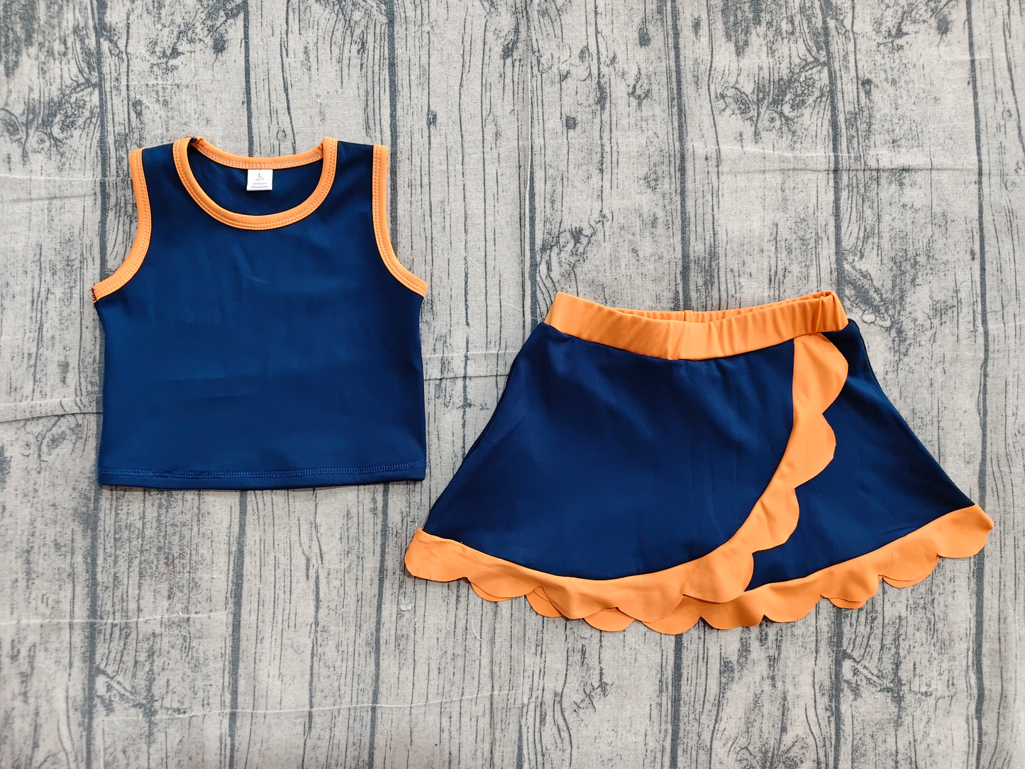 GSD4017 Navy Orange Scallop Edge 2-Piece Yoga Set | Tank Top & Skort Girls Active Outfits