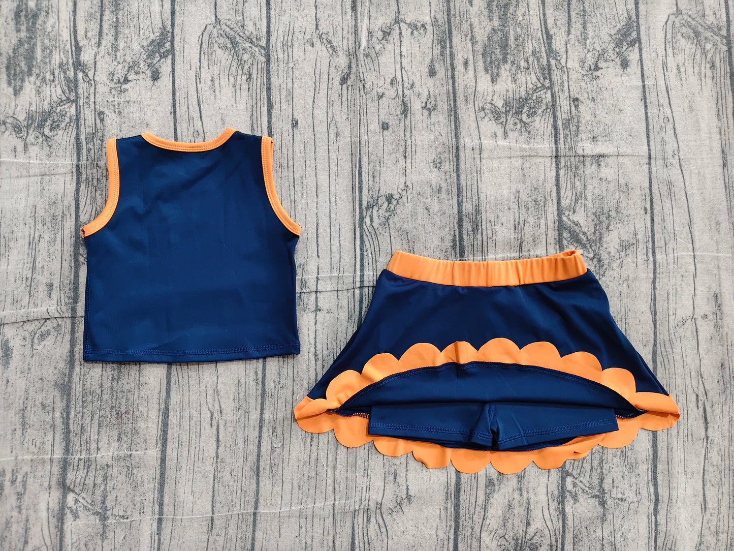 GSD4017 Navy Orange Scallop Edge 2-Piece Yoga Set | Tank Top & Skort Girls Active Outfits