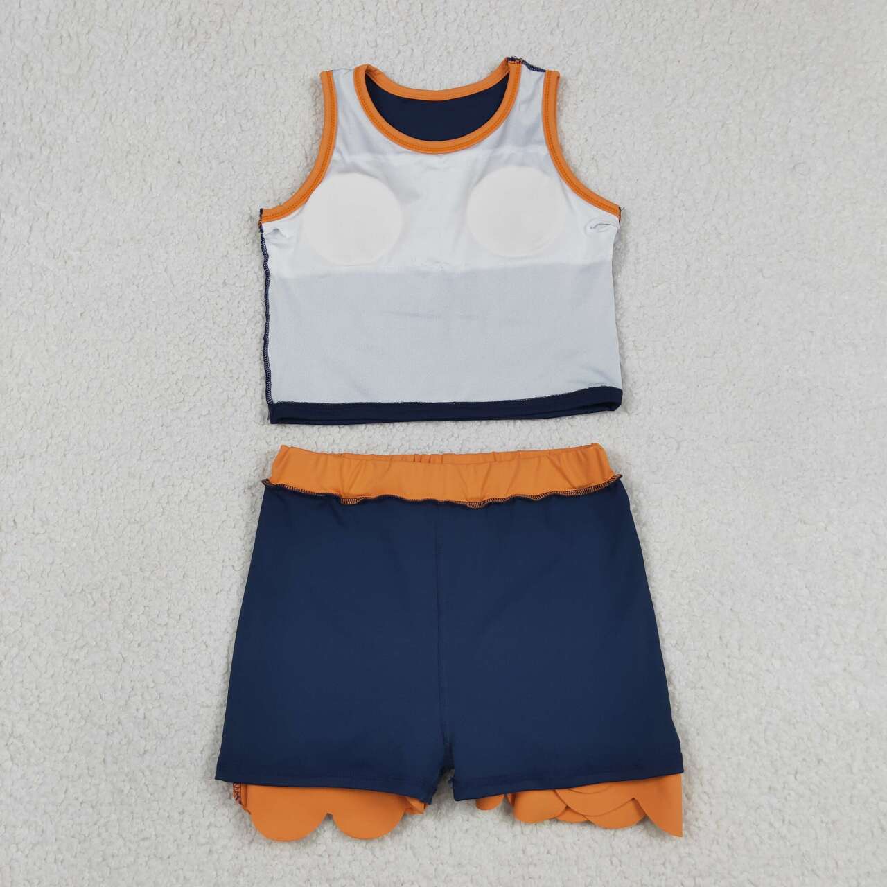 GSD4017 Navy Orange Scallop Edge 2-Piece Yoga Set | Tank Top & Skort Girls Active Outfits