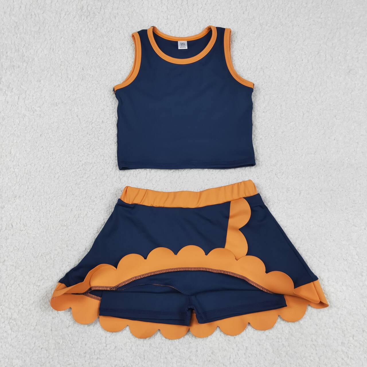 GSD4017 Navy Orange Scallop Edge 2-Piece Yoga Set | Tank Top & Skort Girls Active Outfits