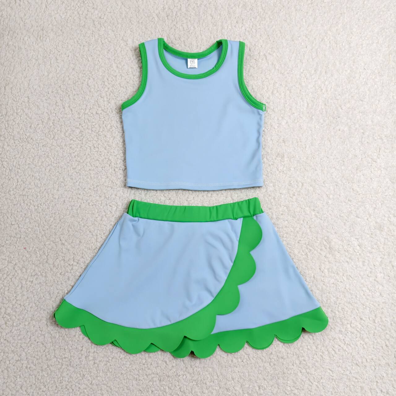 GSD4021  Blue Sleeveless Tank Top Green Scallop Edge Skort Girls Summer Yoga Clothes Set