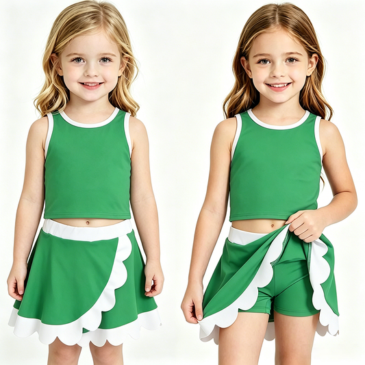 Kids Girls Green & White Scallop Active Skort Set
