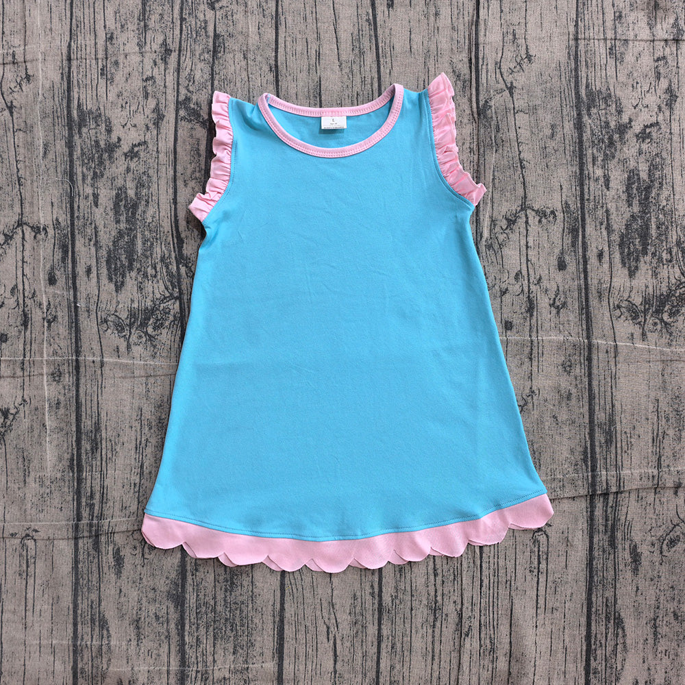 15 Colors Cotton Scalloped Edge Ruffle Girls Knee Length Dress Teams Sisters Wear