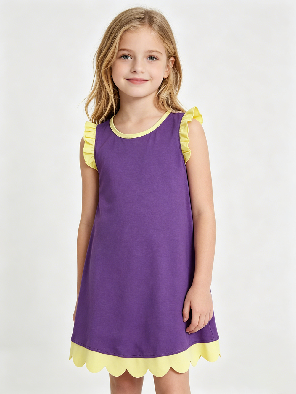 GSD4046 Purple Cotton Yellow Scallop Edge Toddler Girls Summer Dress