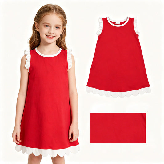 Toddler Red Cotton Scalloped Edge Ruffle Girls Summer Dress