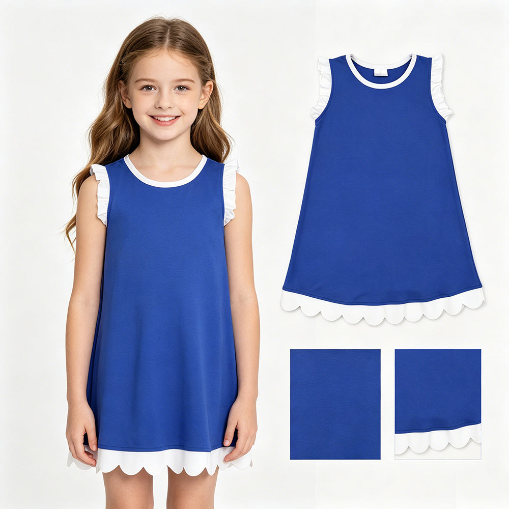 15 Colors Cotton Scalloped Edge Ruffle Girls Knee Length Dress Teams Sisters Wear